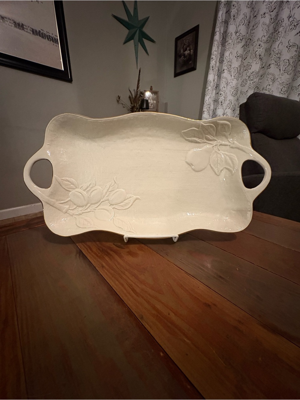 Lenox Cream Ceramic Serving Platter with Fruit Relief and Handles and Gold Trim